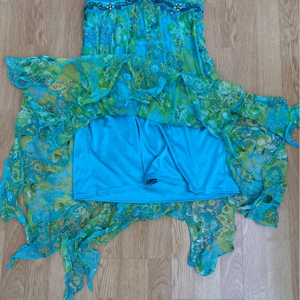 [SOLD] Vintage Sue Wong 100% Silk Green Halter Handkerchief Dress Beaded Size M - Picture 5 of 8